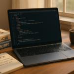 Portátil con código junto a libros de programación y café