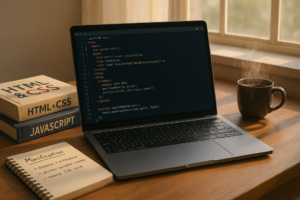 Portátil con código junto a libros de programación y café