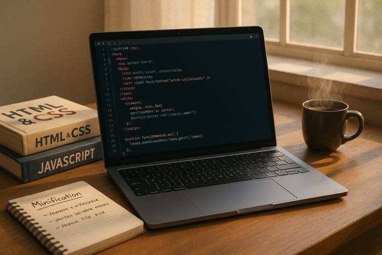 Portátil con código junto a libros de programación y café