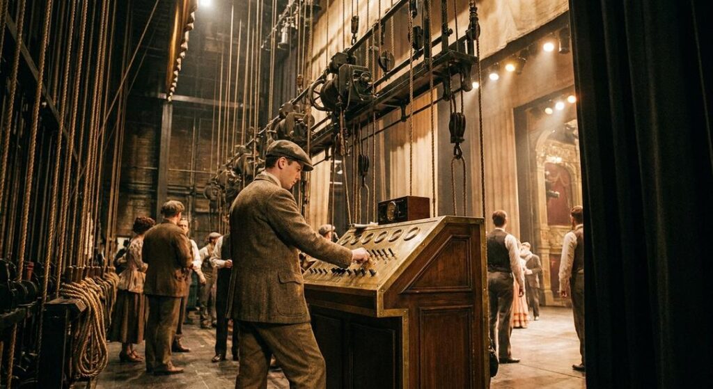 Técnico maneja consola entre bambalinas de un teatro