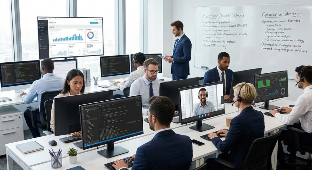 Equipo tecnológico trabajando en oficina con paneles de datos
