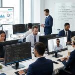Equipo tecnológico trabajando en oficina con paneles de datos