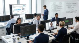 Equipo tecnológico trabajando en oficina con paneles de datos