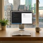 Escritorio con monitor de programación frente a ventana urbana