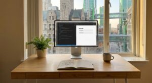 Escritorio con monitor de programación frente a ventana urbana