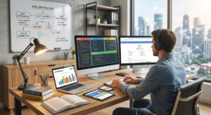 Desarrollador optimizando una web con varios monitores