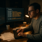 Programador trabajando de noche ante dos monitores