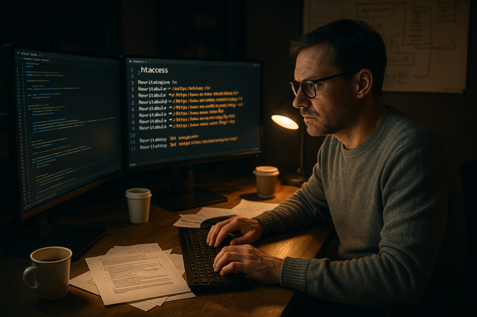 Programador trabajando de noche ante dos monitores