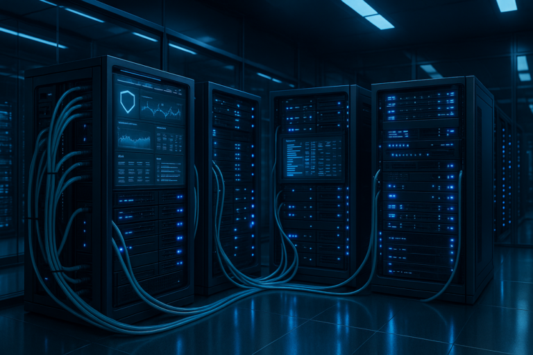 Racks de servidores iluminados en un centro de datos