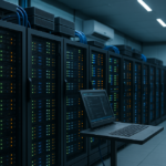 Centro de datos con servidores y portátil de monitorización