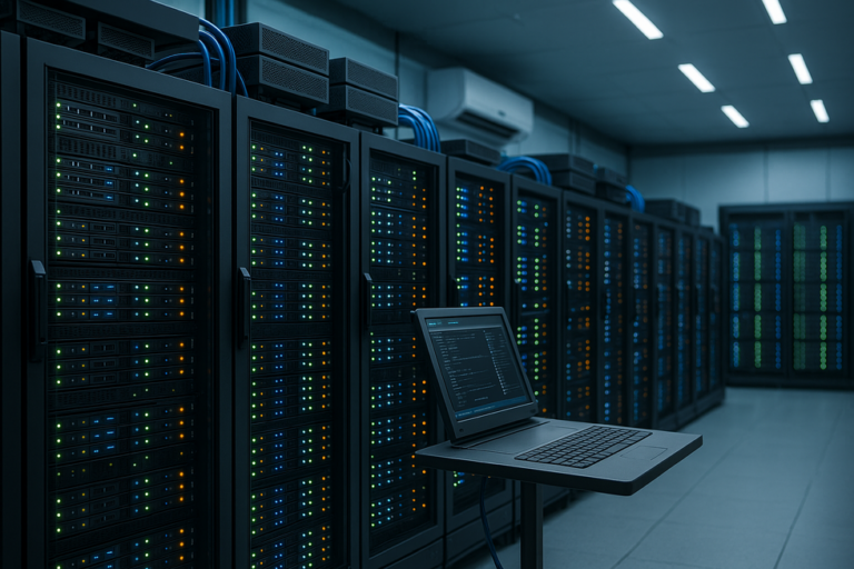 Centro de datos con servidores y portátil de monitorización