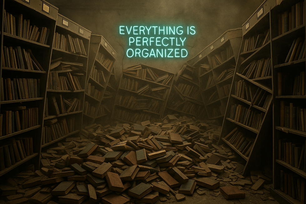 Biblioteca caótica con letrero neón irónico sobre organización