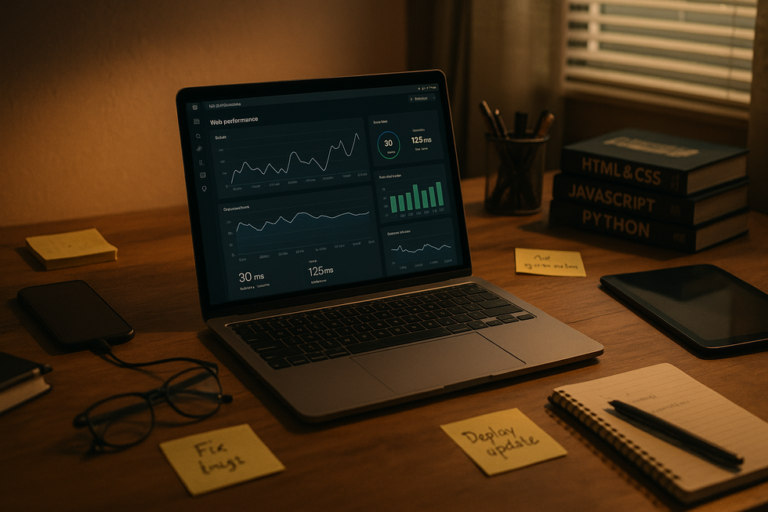 Portátil con panel de rendimiento web en escritorio