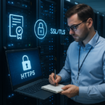 Técnico revisando seguridad HTTPS y SSL/TLS en servidores