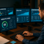 Profesional analiza paneles de marketing digital en varios monitores