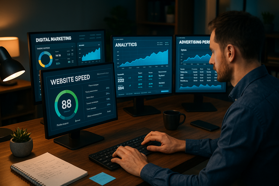 Profesional analiza paneles de marketing digital en varios monitores