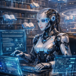 Robot humanoide investiga criptografía cuántica en una biblioteca futurista