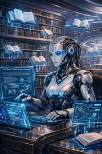 Robot humanoide investiga criptografía cuántica en una biblioteca futurista