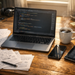 Portátil con código, café y bocetos en escritorio