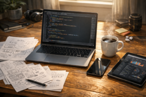 Portátil con código, café y bocetos en escritorio