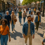 Multitud caminando por una calle comercial soleada