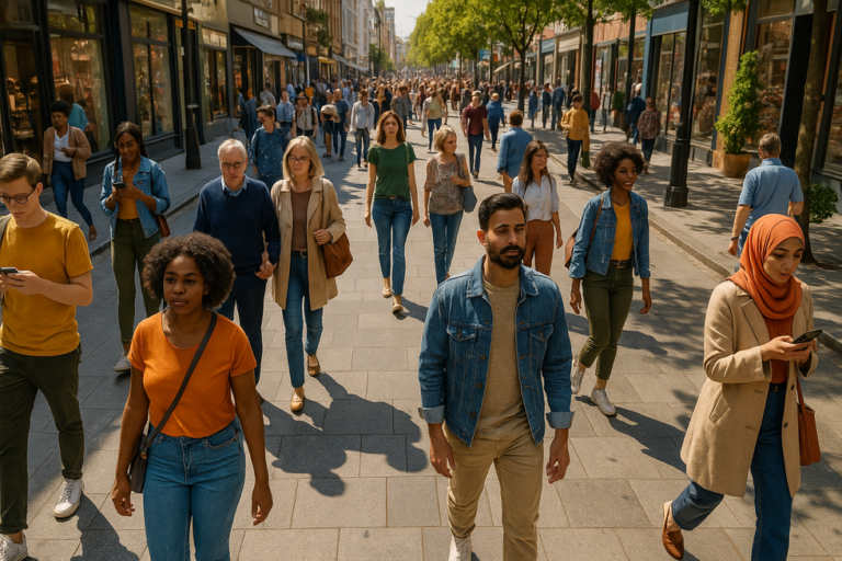 Multitud caminando por una calle comercial soleada