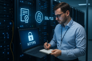 Técnico revisando seguridad HTTPS y SSL/TLS en servidores