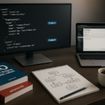Escritorio con código schema.org, portátil y libros de SEO