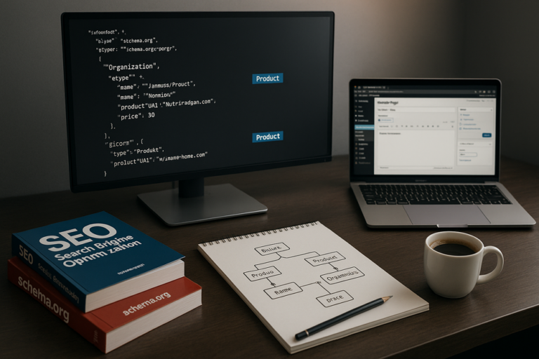 Escritorio con código schema.org, portátil y libros de SEO