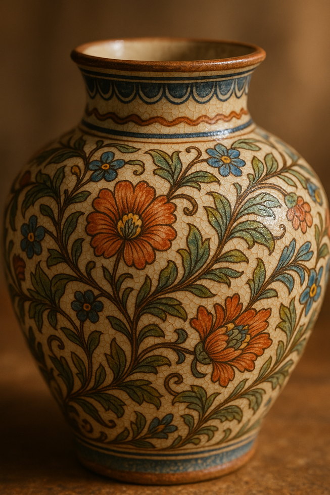 Jarrón cerámico decorado con flores y hojas pintadas