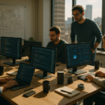 Equipo de desarrollo programando en oficina luminosa
