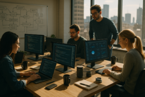 Equipo de desarrollo programando en oficina luminosa