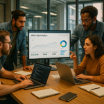 Equipo analiza métricas de optimización web en oficina