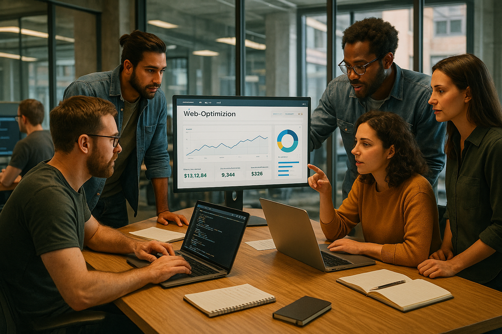 Equipo analiza métricas de optimización web en oficina